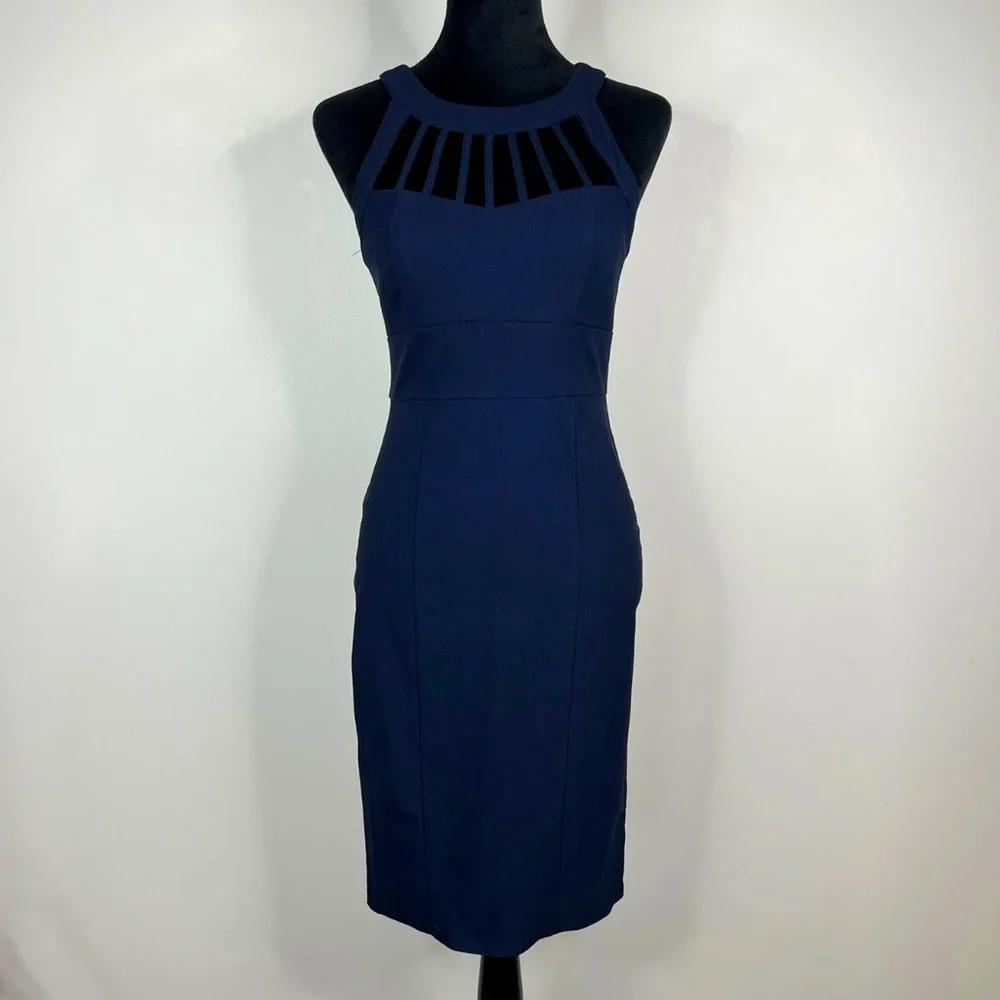 Trixxi Womens Stretchy Bodycon Dress Womens Size 7 Navy Strappy Neck Zip Closure